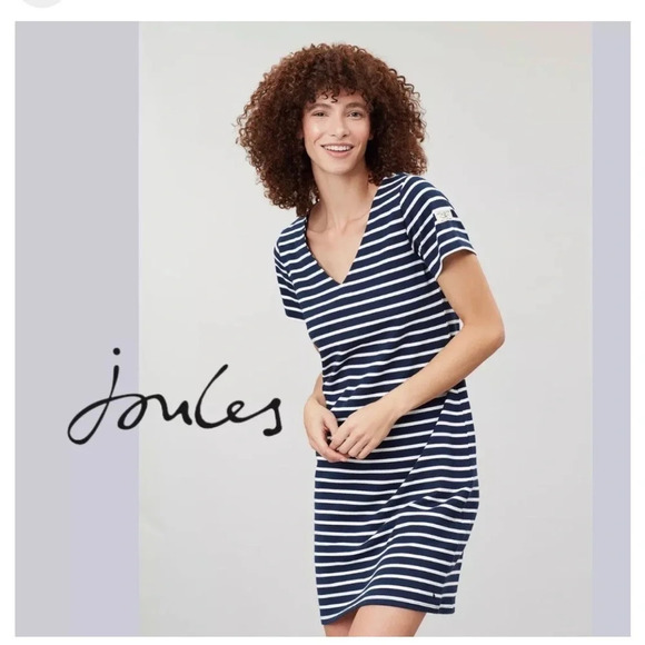 Joules Riviera V-Neck Jersey Dress 6 Navy/Cream Nautical Preppy vacation casual - Picture 1 of 10